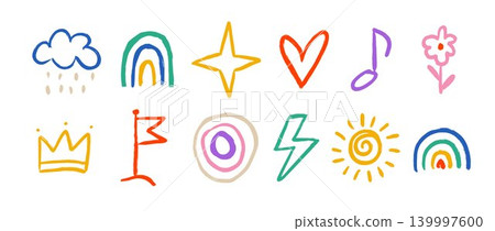 Colorful hand drawn crayon doodle set. Childish paint brush sketch element collection. Naive scribbled flower, rainbow, sun, heart, crown, star, flag illustrations. Vector cute pencil drawing pack Colorful hand drawn crayon doodle set. Childish paint brush sketch element collection. Naive scribbled flower, rainbow, sun, heart, crown, star, flag illustrations. Vector cute pencil drawing pack 139997600