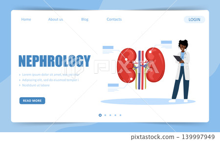 Nephrology. Landing page template. Dialysis therapy or renal failure. Vector illustration in flat cartoon style Nephrology. Landing page template. Dialysis therapy or renal failure. Vector illustration in flat cartoon style 139997949