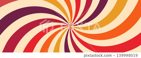 Retro hypnosis spiral. Groovy Starburst background with stripes and swirl. 70s vintage art. Vector illustration 139998019