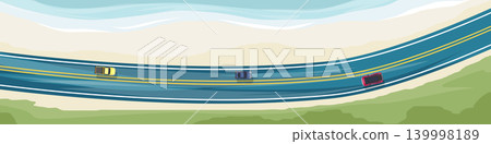 Top down panoramic vector view of a winding multi lane coastal highway. Tiny stylized cars drive along the asphalt road bordered by sandy beaches on one side and green grass on the other. Top down panoramic vector view of a winding multi lane coastal highway. Tiny stylized cars drive along the asphalt road bordered by sandy beaches on one side and green grass on the other. 139998189