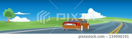 Panoramic landscape showing an orange car driving on curved asphalt road with yellow lines. It features a bright blue sky and white cloud. Green hills and a single tree. Travel banner background. Panoramic landscape showing an orange car driving on curved asphalt road with yellow lines. It features a bright blue sky and white cloud. Green hills and a single tree. Travel banner background. 139998191