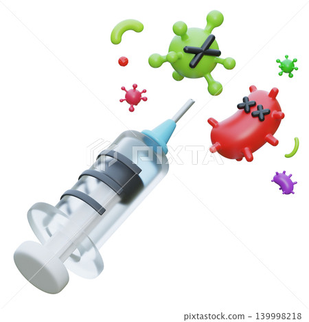3D Render of Medical Syringe with Vaccine Eradicating Bacteria and Viruses 3D Render of Medical Syringe with Vaccine Eradicating Bacteria and Viruses 139998218