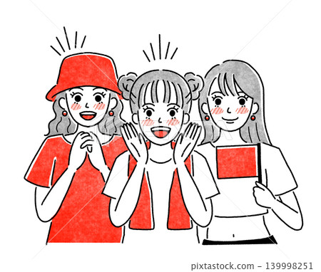 A simple illustration of women in red cheering. A simple illustration of women in red cheering. 139998251