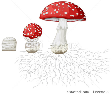 Life Cycle Stages of Fly Agaric Mushroom with Underground Mycelium Root System Life Cycle Stages of Fly Agaric Mushroom with Underground Mycelium Root System 139998590