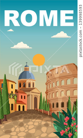 Flat Vector Illustration of Rome Cityscape with Colosseum and Cobblestone Street Flat Vector Illustration of Rome Cityscape with Colosseum and Cobblestone Street 139998593