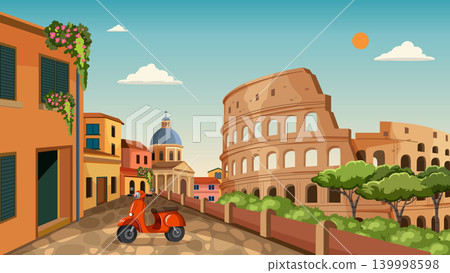 Vintage Vector Illustration of Rome Cityscape with Colosseum and Scooter Vintage Vector Illustration of Rome Cityscape with Colosseum and Scooter 139998598