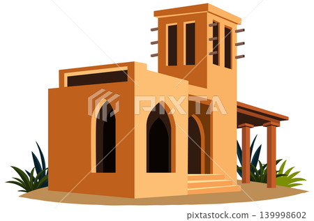 Traditional Middle Eastern Adobe Building with Wind Tower and Arched Windows Traditional Middle Eastern Adobe Building with Wind Tower and Arched Windows 139998602