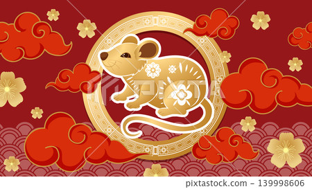 Golden Rat Chinese Zodiac Illustration with Red Clouds and Flowers Golden Rat Chinese Zodiac Illustration with Red Clouds and Flowers 139998606