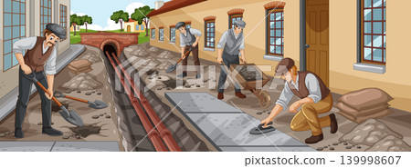 Vintage Style Illustration of Laborers Digging Trenches and Laying Concrete Vintage Style Illustration of Laborers Digging Trenches and Laying Concrete 139998607