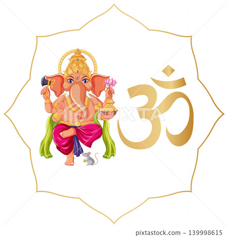 Lord Ganesha Illustration with Om Symbol and Sacred Hindu Elements Lord Ganesha Illustration with Om Symbol and Sacred Hindu Elements 139998615