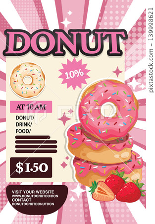 Retro Pop Art Style Donut Shop Promotional Poster with Pink Glazed Donuts Retro Pop Art Style Donut Shop Promotional Poster with Pink Glazed Donuts 139998621