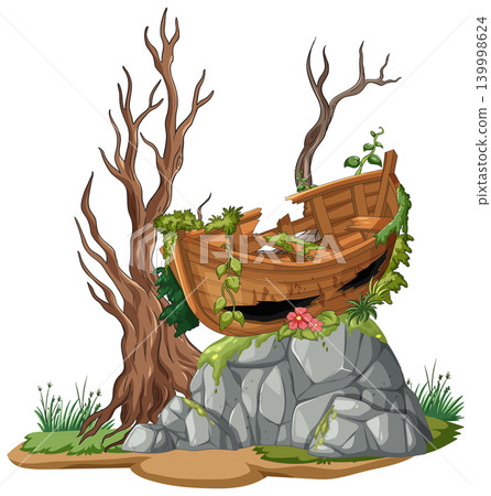 Abandoned Wooden Boat on Rocky Outcrop with Dead Tree Abandoned Wooden Boat on Rocky Outcrop with Dead Tree 139998624