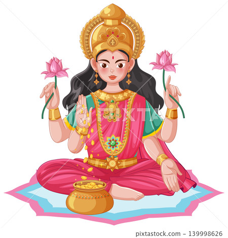 Vector Illustration of Hindu Goddess Lakshmi Sitting on a Lotus 139998626