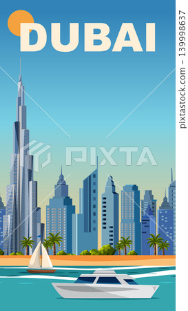 Dubai City Travel Poster with Skyscrapers Beach and Modern Boats 139998637