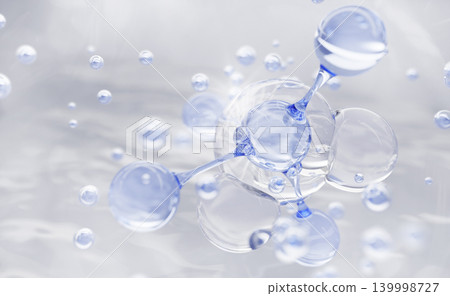 Bio cosmetic lab 3d background with blue molecule, clear water bubbles. Collagen peptide serum drops with hyaluronic acid, moisture essence. Research and skincare product development. 3D illustration Bio cosmetic lab 3d background with blue molecule, clear water bubbles. Collagen peptide serum drops with hyaluronic acid, moisture essence. Research and skincare product development. 3D illustration 139998727