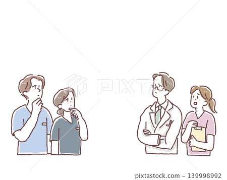 Illustrations of medical professionals and care staff with troubled expressions. Illustrations of medical professionals and care staff with troubled expressions. 139998992