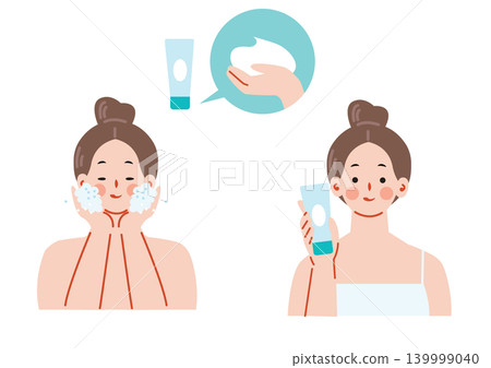 一位女士正在用洗面乳洗臉的插圖。 一位女士正在用洗面乳洗臉的插圖。 139999040