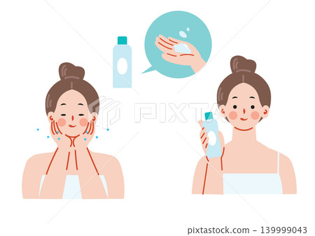 一個女人用乳液滋潤她的皮膚的插圖 139999043