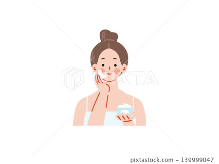 一幅描繪女性在臉上塗抹乳霜的插圖。 139999047