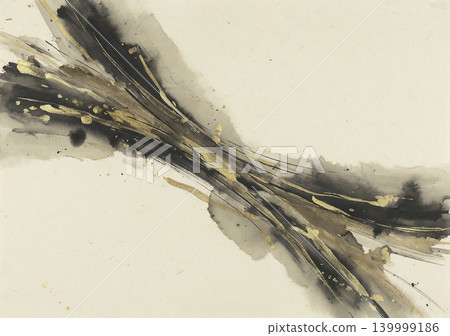 A gray Japanese paper background with delicate ink and gold watercolor washes running diagonally across it. 139999186