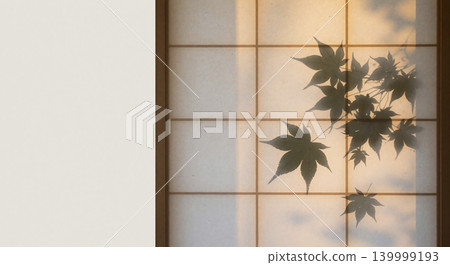 A Japanese-style background image featuring the silhouette of maple leaves reflected on a shoji screen and soft sunlight. A Japanese-style background image featuring the silhouette of maple leaves reflected on a shoji screen and soft sunlight. 139999193