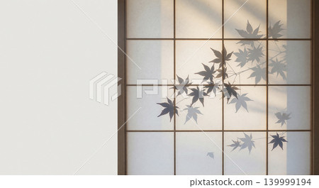 A Japanese-style background image featuring the silhouette of maple leaves reflected on a shoji screen and soft sunlight. A Japanese-style background image featuring the silhouette of maple leaves reflected on a shoji screen and soft sunlight. 139999194