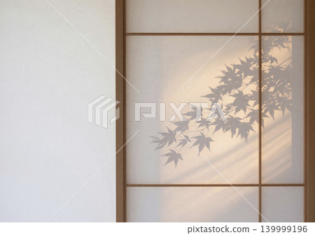 A Japanese-style background image featuring the silhouette of maple leaves reflected on a shoji screen and soft sunlight. A Japanese-style background image featuring the silhouette of maple leaves reflected on a shoji screen and soft sunlight. 139999196