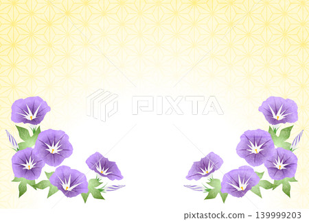 Summer greeting postcard illustration, hemp leaf pattern, morning glory, purple, cute, horizontal Summer greeting postcard illustration, hemp leaf pattern, morning glory, purple, cute, horizontal 139999203