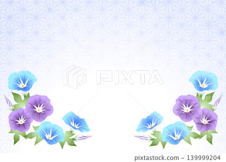 Summer greeting postcard illustration, hemp leaf pattern, morning glory, blue and purple, cute, horizontal Summer greeting postcard illustration, hemp leaf pattern, morning glory, blue and purple, cute, horizontal 139999204