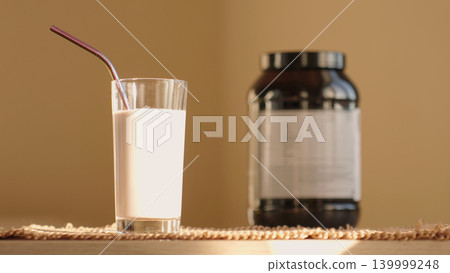 Ready To Drink Chocolate Protein Shake With Metal Straw And Supplement Jar, Fitness Nutrition And Healthy Lifestyle Concept Ready To Drink Chocolate Protein Shake With Metal Straw And Supplement Jar, Fitness Nutrition And Healthy Lifestyle Concept 139999248