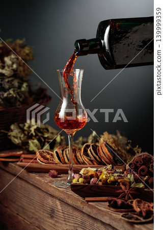 Herbal balm or tincture is poured from a vintage bottle into a glass. Herbal balm or tincture is poured from a vintage bottle into a glass. 139999359