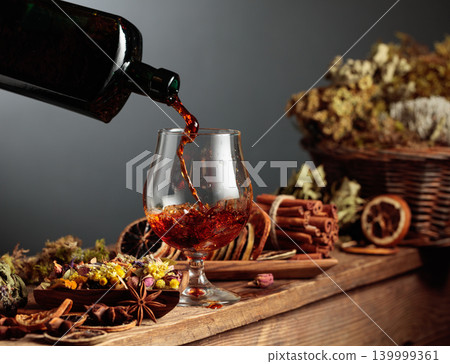 Herbal balm or tincture is poured from a vintage bottle into a glass. Herbal balm or tincture is poured from a vintage bottle into a glass. 139999361