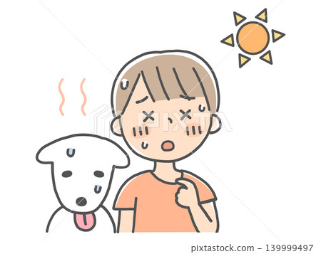 A boy and his pet are feeling exhausted from the summer heat. A boy and his pet are feeling exhausted from the summer heat. 139999497