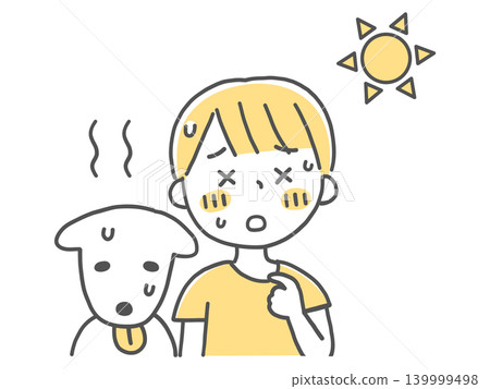 一個男孩因夏日酷暑而感到疲憊,以及他的寵物(黑白照片) 一個男孩因夏日酷暑而感到疲憊,以及他的寵物(黑白照片) 139999498