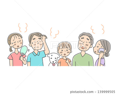 An illustration of a family and their pets struggling with the summer heat. An illustration of a family and their pets struggling with the summer heat. 139999505