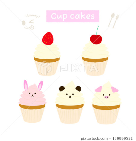A set of illustrations of cupcakes topped with fruit and animal decorations. A set of illustrations of cupcakes topped with fruit and animal decorations. 139999551