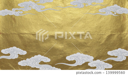 A luxurious Japanese modern background featuring white, traditional Japanese clouds floating against a gold leaf background. 139999560