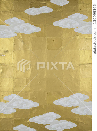 A luxurious Japanese modern background featuring white, traditional Japanese clouds floating against a gold leaf background. A luxurious Japanese modern background featuring white, traditional Japanese clouds floating against a gold leaf background. 139999566