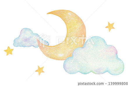 Cute illustration of clouds and moon (watercolor) Cute illustration of clouds and moon (watercolor) 139999808