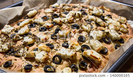 Homemade Focaccia With Olives And Melted Cheese Homemade Focaccia With Olives And Melted Cheese 140000165