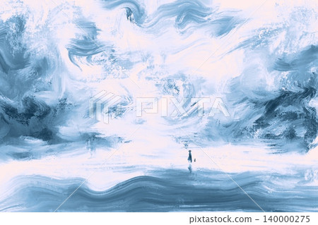 Blue stormy cloud with figure Abstract Painterly Sky Background with Stormy Blue Clouds and Tiny Silhouette Figure 140000275