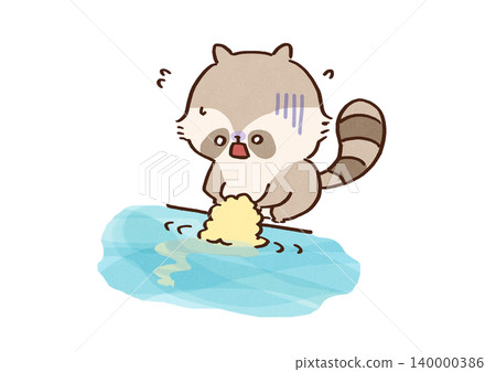 A raccoon panics when he washes his cotton candy in the river and it melts away in an instant (failure/despair). A raccoon panics when he washes his cotton candy in the river and it melts away in an instant (failure/despair). 140000386