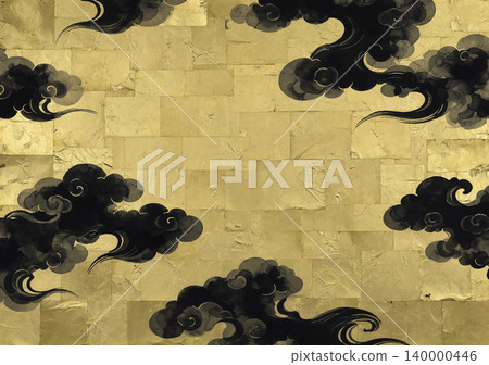 一幅極具戲劇性的日式現代背景圖,墨黑色的日式雲朵漂浮在金箔背景上。 一幅極具戲劇性的日式現代背景圖,墨黑色的日式雲朵漂浮在金箔背景上。 140000446