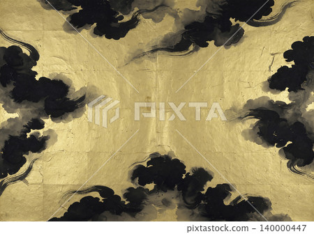 一幅極具戲劇性的日式現代背景圖,墨黑色的日式雲朵漂浮在金箔背景上。 一幅極具戲劇性的日式現代背景圖,墨黑色的日式雲朵漂浮在金箔背景上。 140000447