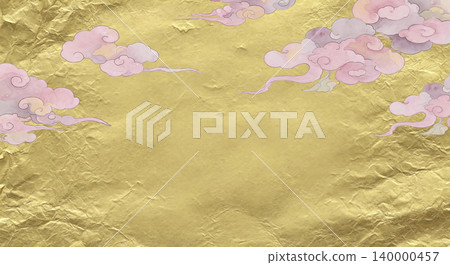 A spring-themed Japanese modern background featuring cherry blossom-colored Japanese-style clouds floating against a gold leaf background. A spring-themed Japanese modern background featuring cherry blossom-colored Japanese-style clouds floating against a gold leaf background. 140000457