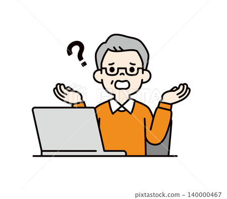 Vector illustration of the upper body of an elderly man sitting in front of a computer with a troubled or worried expression. Vector illustration of the upper body of an elderly man sitting in front of a computer with a troubled or worried expression. 140000467