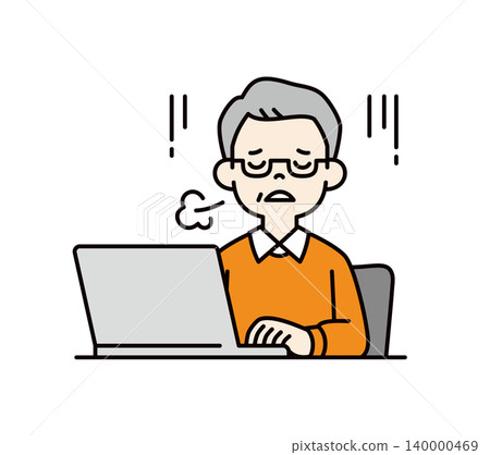 Vector illustration of an elderly man sighing in exhaustion while using a laptop. 140000469