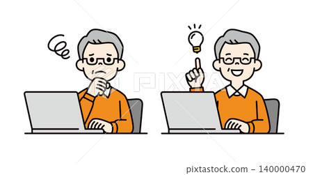 A set of vector illustrations of an elderly man/senior citizen operating a computer and resolving a problem. A set of vector illustrations of an elderly man/senior citizen operating a computer and resolving a problem. 140000470
