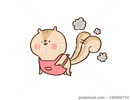 A squirrel in an apron uses its proud tail as a duster to clean up dust (housework/spring cleaning) 140000733