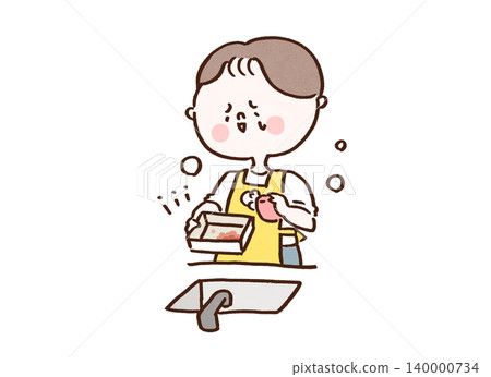 一個穿著圍裙的男人抱怨他的特百惠容器上頑固的紅色污漬(家務煩惱和壓力)。 一個穿著圍裙的男人抱怨他的特百惠容器上頑固的紅色污漬(家務煩惱和壓力)。 140000734